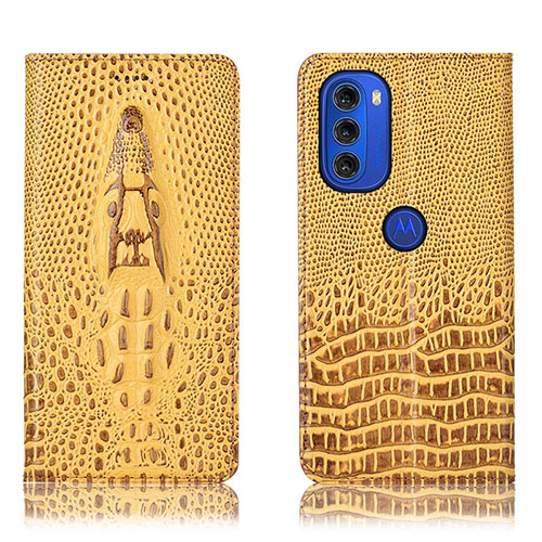 Leather Case Stands Flip Cover Holder H03P for Motorola Moto G51 5G Yellow