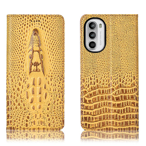 Leather Case Stands Flip Cover Holder H03P for Motorola Moto G71s 5G Yellow