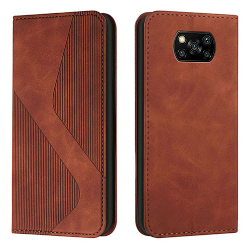 Leather Case Stands Flip Cover Holder H03X for Xiaomi Poco X3 NFC Brown