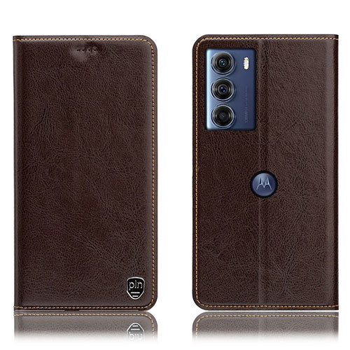 Leather Case Stands Flip Cover Holder H04P for Motorola Moto G200 5G Brown
