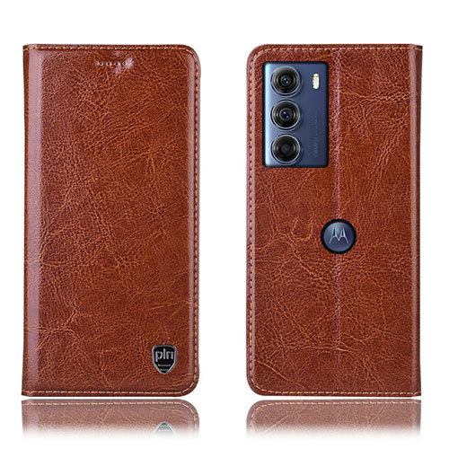 Leather Case Stands Flip Cover Holder H04P for Motorola Moto G200 5G Light Brown