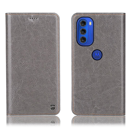 Leather Case Stands Flip Cover Holder H04P for Motorola Moto G51 5G Gray