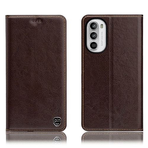 Leather Case Stands Flip Cover Holder H04P for Motorola Moto G71s 5G Brown
