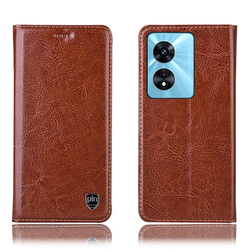 Leather Case Stands Flip Cover Holder H04P for Oppo A58 5G Light Brown