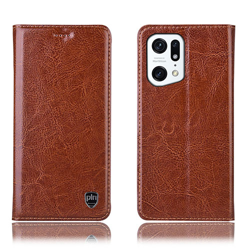 Leather Case Stands Flip Cover Holder H04P for Oppo Find X5 5G Light Brown