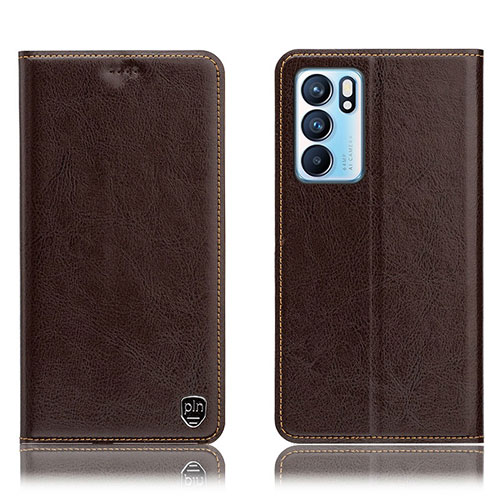 Leather Case Stands Flip Cover Holder H04P for Oppo Reno6 5G Brown