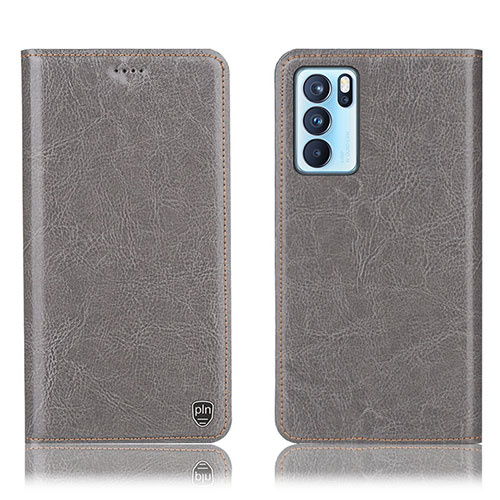 Leather Case Stands Flip Cover Holder H04P for Oppo Reno6 Pro 5G India Gray