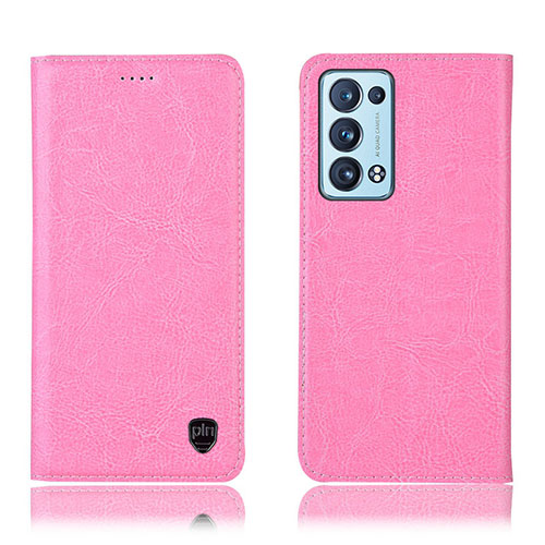 Leather Case Stands Flip Cover Holder H04P for Oppo Reno6 Pro 5G Pink