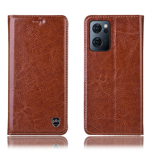 Leather Case Stands Flip Cover Holder H04P for Oppo Reno7 5G Light Brown