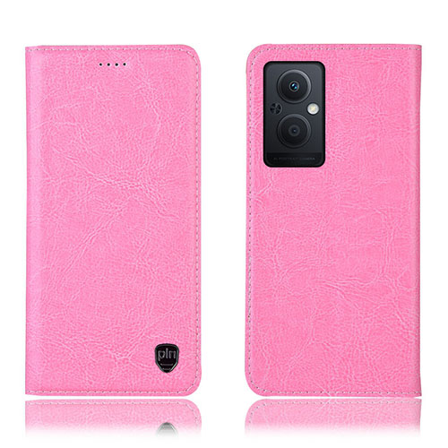 Leather Case Stands Flip Cover Holder H04P for Oppo Reno8 Lite 5G Pink