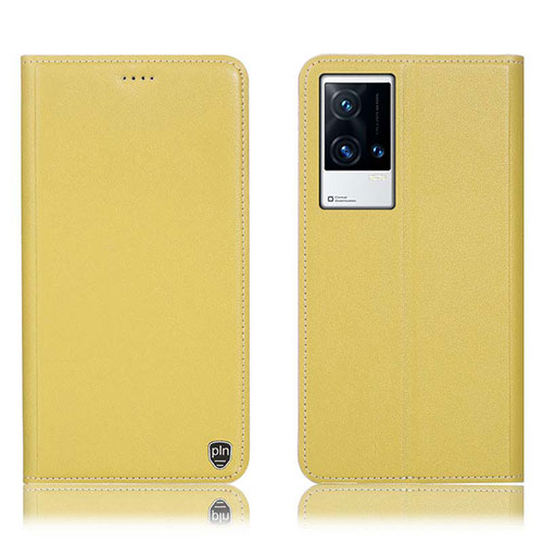 Leather Case Stands Flip Cover Holder H04P for Vivo iQOO 8 Pro 5G Yellow