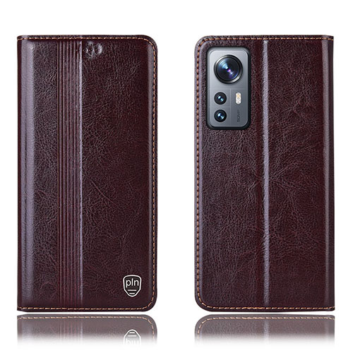 Leather Case Stands Flip Cover Holder H04P for Xiaomi Mi 12 Pro 5G Brown