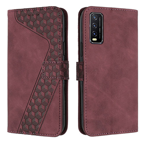 Leather Case Stands Flip Cover Holder H04X for Vivo Y12s Red Wine