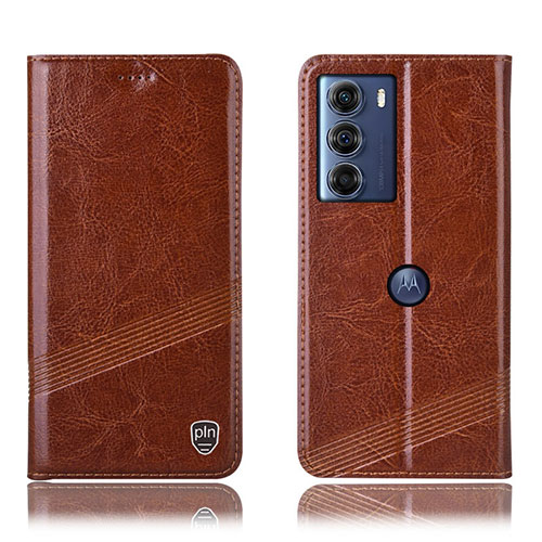 Leather Case Stands Flip Cover Holder H05P for Motorola Moto G200 5G Light Brown