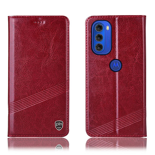 Leather Case Stands Flip Cover Holder H05P for Motorola Moto G51 5G Red