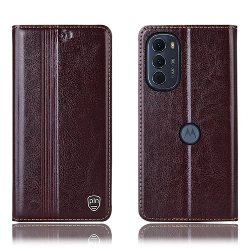 Leather Case Stands Flip Cover Holder H05P for Motorola MOTO G52 Brown