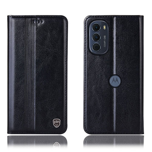 Leather Case Stands Flip Cover Holder H05P for Motorola Moto G82 5G Black