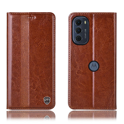 Leather Case Stands Flip Cover Holder H05P for Motorola Moto G82 5G Light Brown