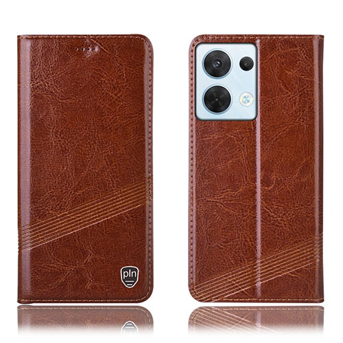 Leather Case Stands Flip Cover Holder H05P for Oppo Reno9 5G Light Brown