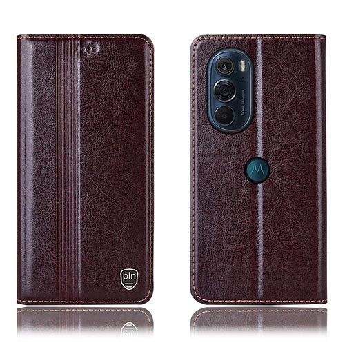 Leather Case Stands Flip Cover Holder H06P for Motorola Moto Edge Plus (2022) 5G Brown