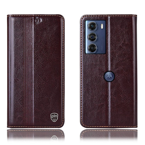 Leather Case Stands Flip Cover Holder H06P for Motorola Moto G200 5G Brown