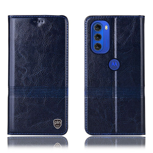 Leather Case Stands Flip Cover Holder H06P for Motorola Moto G51 5G Blue