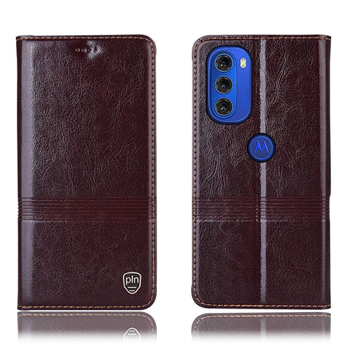 Leather Case Stands Flip Cover Holder H06P for Motorola Moto G51 5G Brown