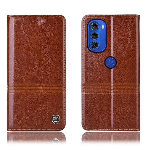 Leather Case Stands Flip Cover Holder H06P for Motorola Moto G51 5G Light Brown