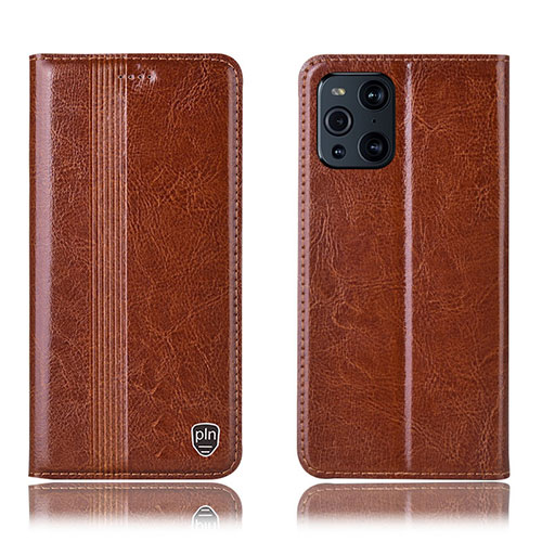 Leather Case Stands Flip Cover Holder H06P for Oppo Find X3 5G Light Brown