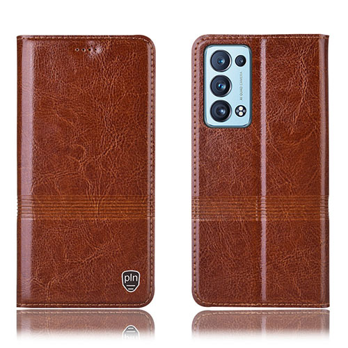 Leather Case Stands Flip Cover Holder H06P for Oppo Reno6 Pro 5G Light Brown