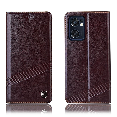 Leather Case Stands Flip Cover Holder H06P for Oppo Reno7 SE 5G Brown