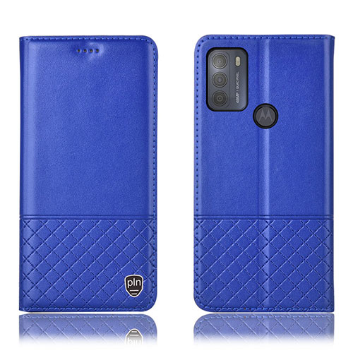 Leather Case Stands Flip Cover Holder H07P for Motorola Moto G50 Blue