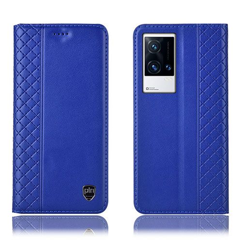 Leather Case Stands Flip Cover Holder H07P for Vivo iQOO 8 5G Blue