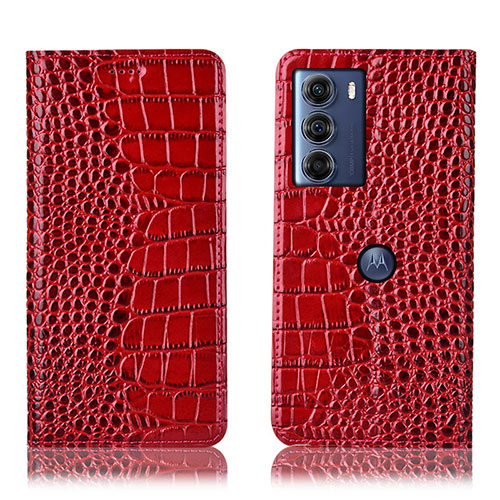 Leather Case Stands Flip Cover Holder H08P for Motorola Moto G200 5G Red