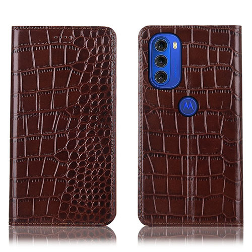 Leather Case Stands Flip Cover Holder H08P for Motorola Moto G51 5G Brown