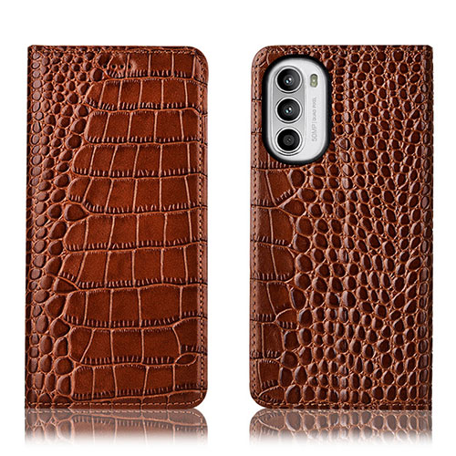 Leather Case Stands Flip Cover Holder H08P for Motorola MOTO G52 Light Brown