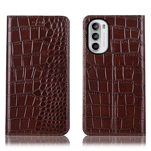 Leather Case Stands Flip Cover Holder H08P for Motorola Moto G82 5G Brown