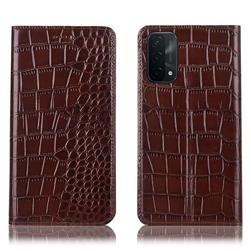 Leather Case Stands Flip Cover Holder H08P for OnePlus Nord N200 5G Brown