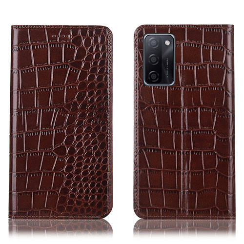 Leather Case Stands Flip Cover Holder H08P for Oppo A55S 5G Brown