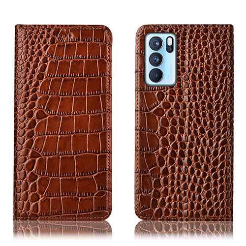 Leather Case Stands Flip Cover Holder H08P for Oppo Reno6 Pro 5G India Light Brown