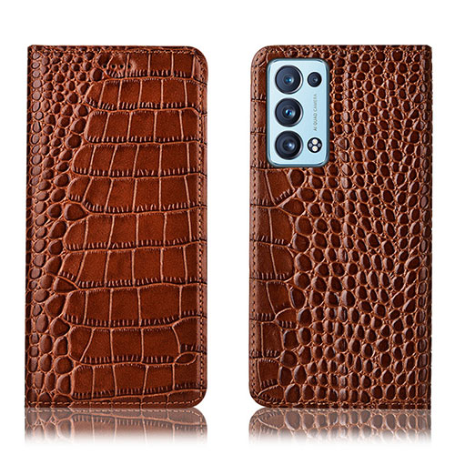 Leather Case Stands Flip Cover Holder H08P for Oppo Reno6 Pro 5G Light Brown