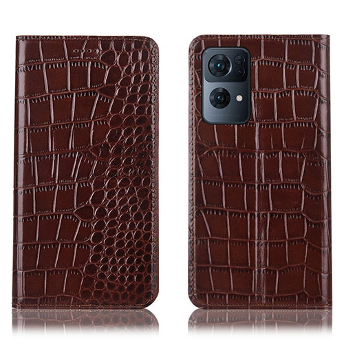 Leather Case Stands Flip Cover Holder H08P for Oppo Reno7 Pro 5G Brown