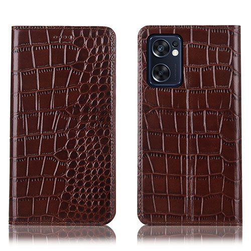 Leather Case Stands Flip Cover Holder H08P for Oppo Reno7 SE 5G Brown