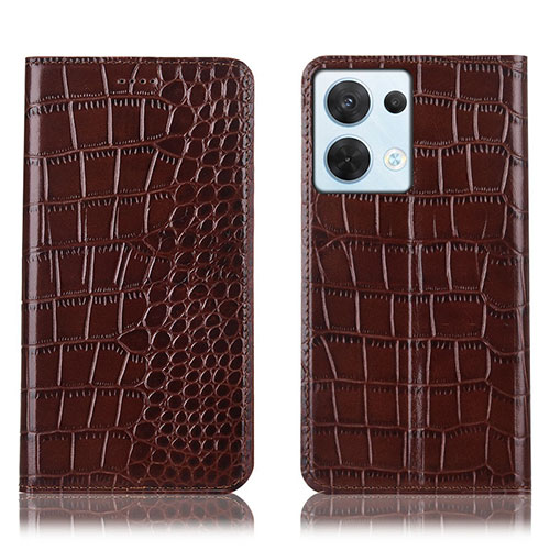 Leather Case Stands Flip Cover Holder H08P for Oppo Reno8 5G Brown