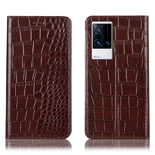 Leather Case Stands Flip Cover Holder H08P for Vivo iQOO 8 5G Brown