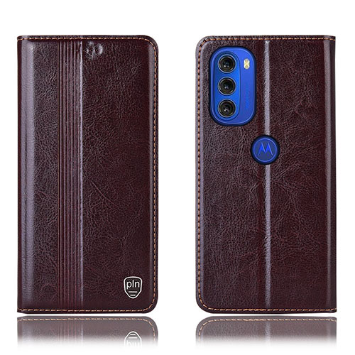 Leather Case Stands Flip Cover Holder H09P for Motorola Moto G51 5G Brown