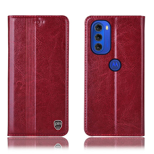 Leather Case Stands Flip Cover Holder H09P for Motorola Moto G51 5G Red