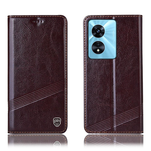 Leather Case Stands Flip Cover Holder H09P for Oppo A58 5G Brown