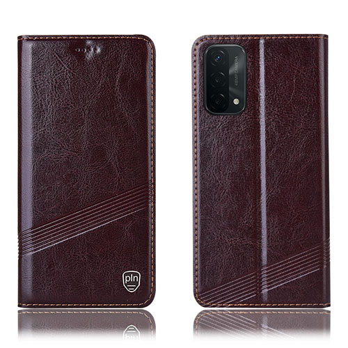 Leather Case Stands Flip Cover Holder H09P for Oppo A74 5G Brown