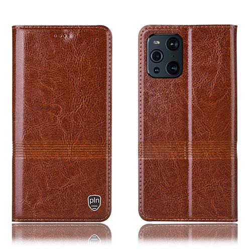 Leather Case Stands Flip Cover Holder H09P for Oppo Find X3 5G Light Brown